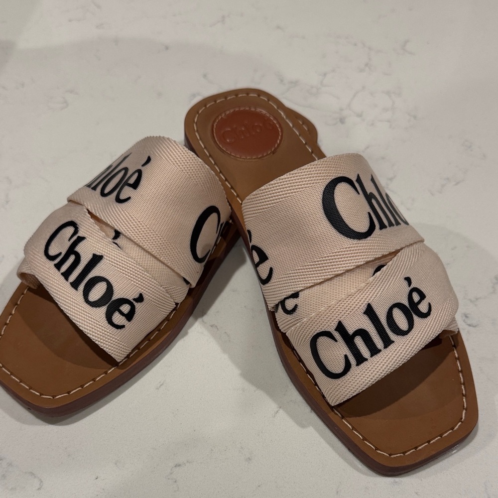 Chloe Woody flat logo ribbon slide sandals